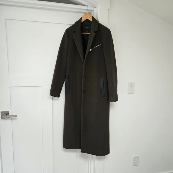 Marc New York Long Wool Blend Moto Single Breasted Overcoat in Olive - Picture 2 of 10